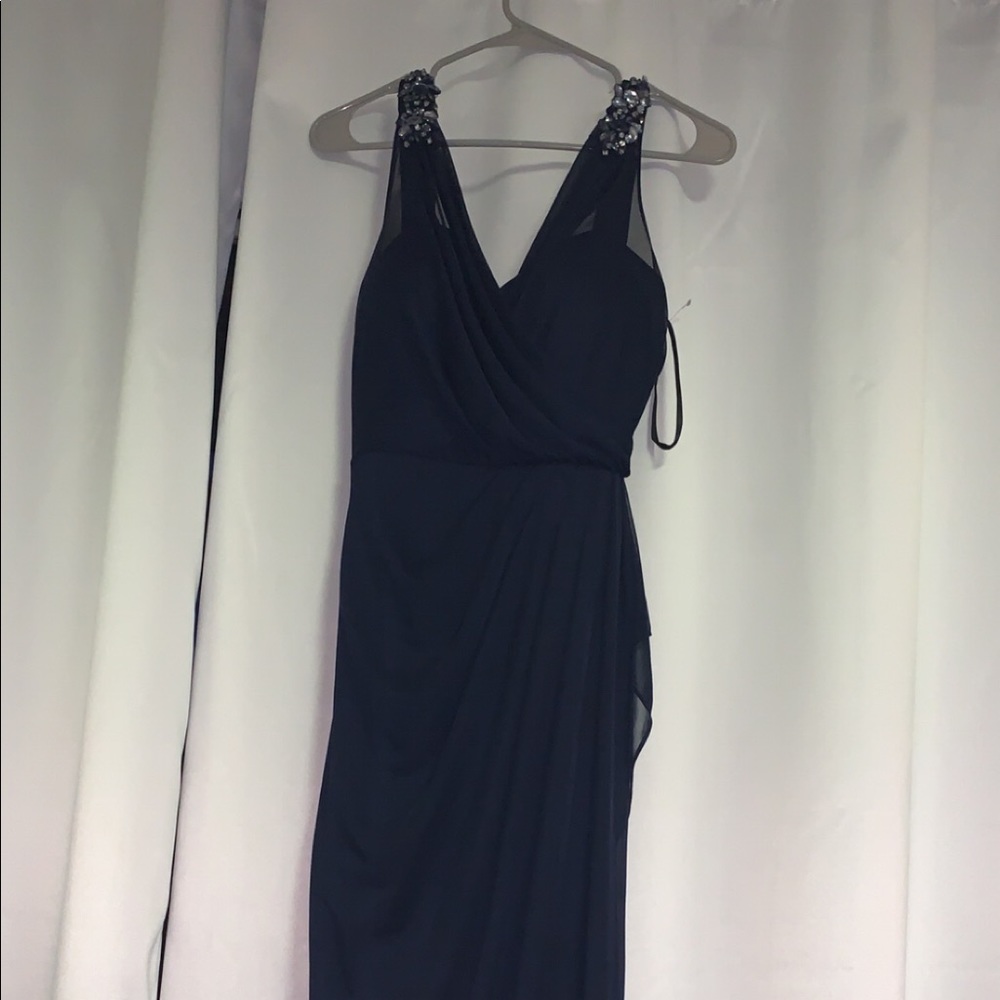 XSCAPE navy chiffon beaded strap dress SZ 10